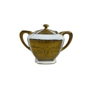 Vintage Hand Painted Gold Floral Etched Sugar Bowl With Lid Ornate Handles
